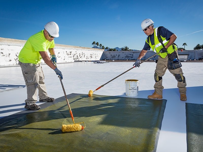 Two construciton workers painting in white